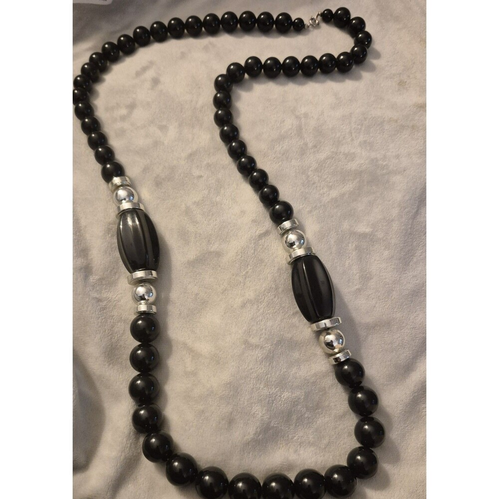 Vtg 1990's GlamChunky Black And Silver Tone Bead Necklace   35" Spring Clasp